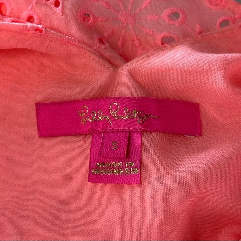 Lilly Pulitzer Size S Neon Coral Shaila Sunburst Eyelet Puff Sleeve‎ Top Summer